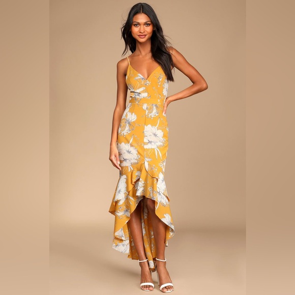 Lulus Dresses & Skirts - Lulus Darling Daylily Mustard Yellow Floral Print High-Low Maxi Dress